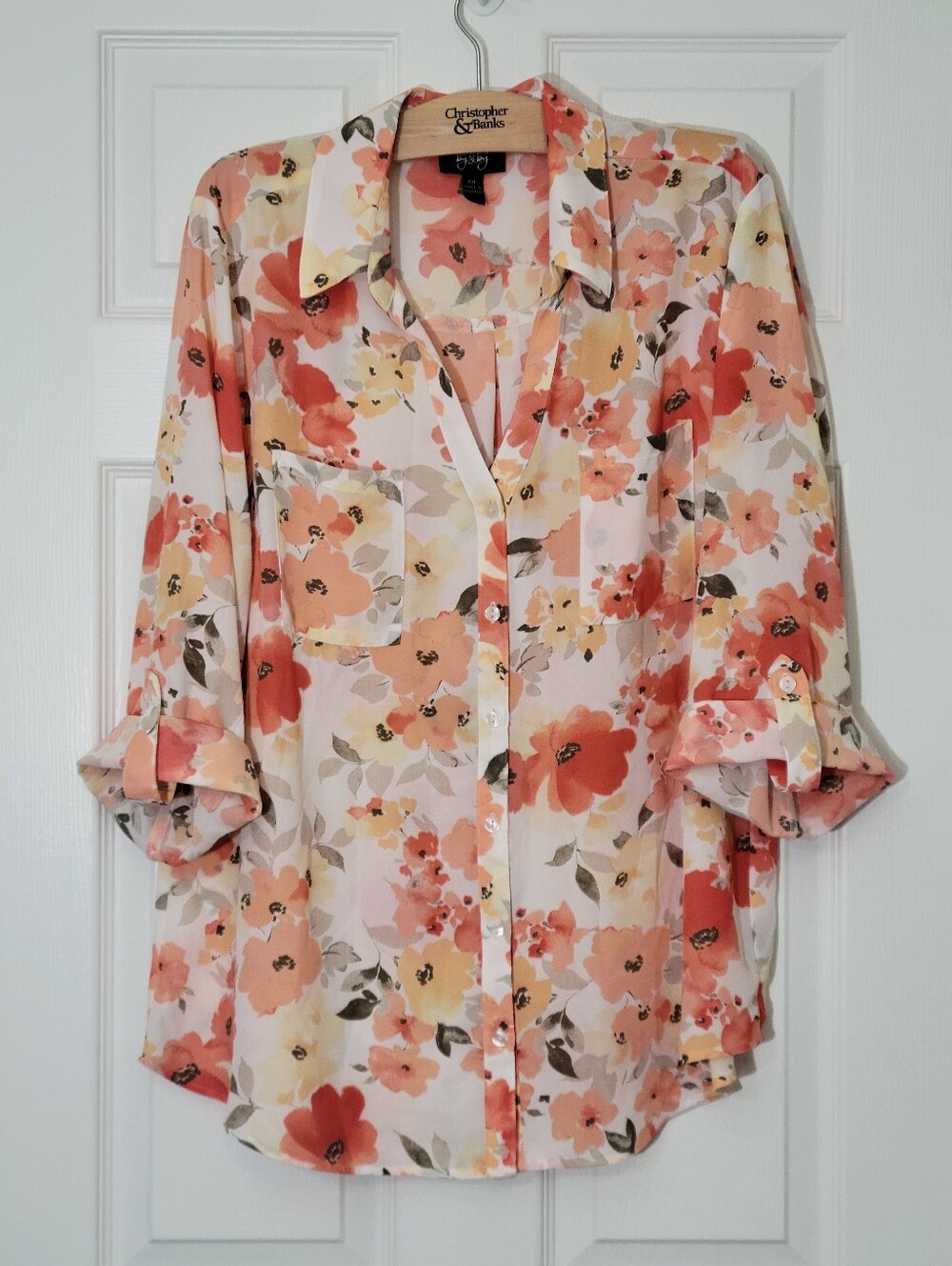 By & By White Orange Floral Roll Tab Sleeve Blouse Size XXL